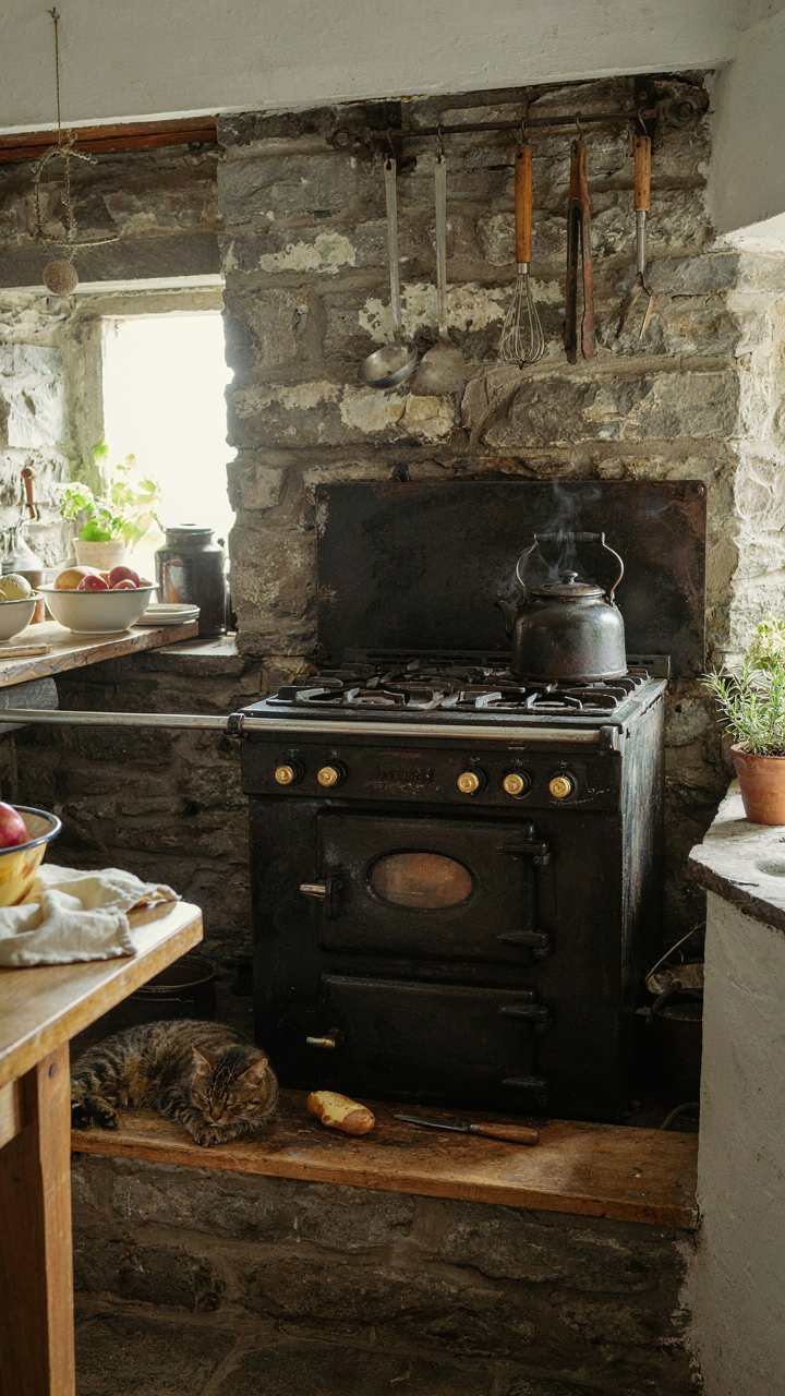 A large hearth with a cast iron range cooker in a Welsh cottage kitchen.