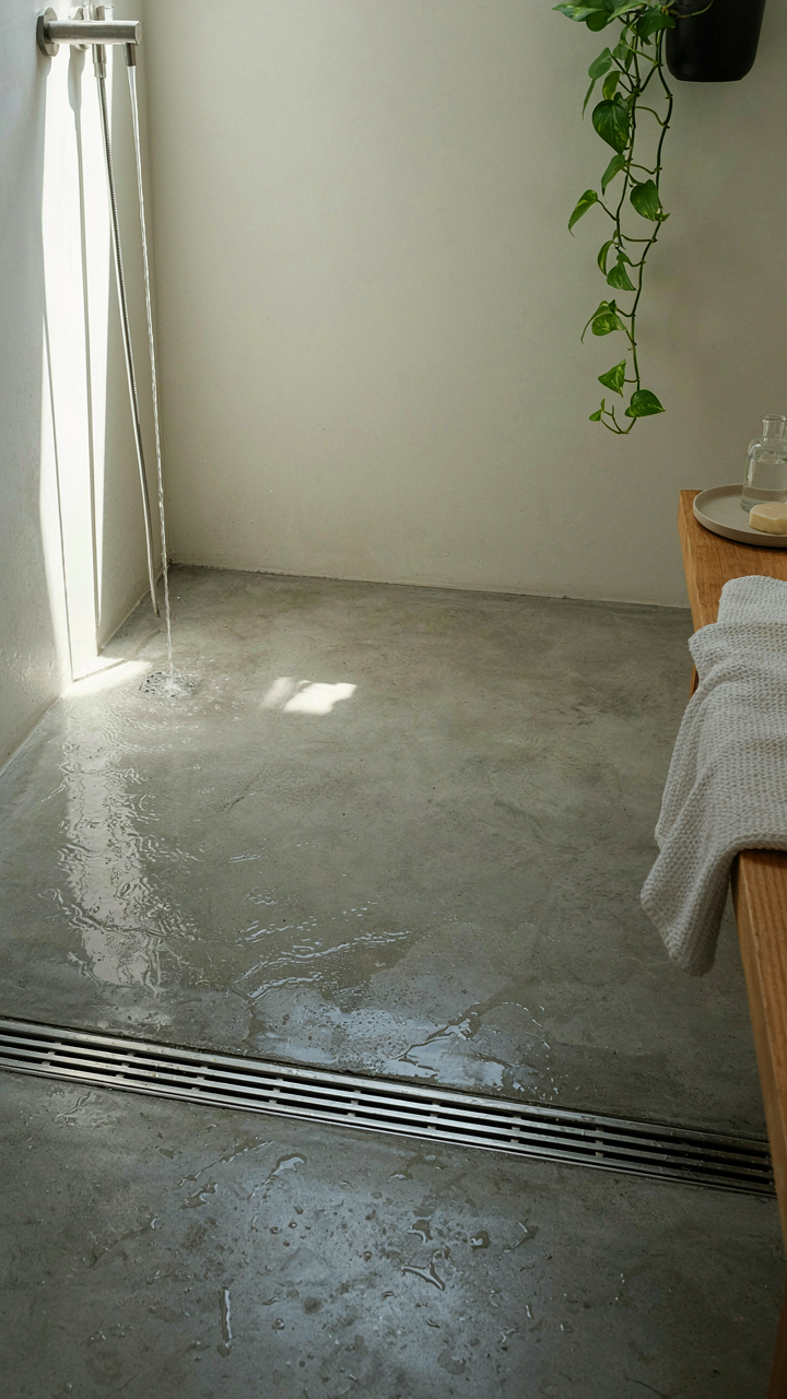 A wet room floor with a gentle slope toward a linear drain.