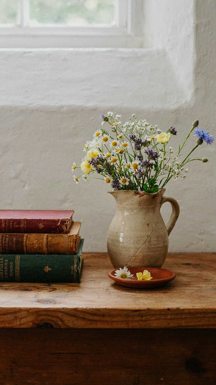 An asymmetrical shelf display with vintage books and a ceramic pitcher with wildflowers.