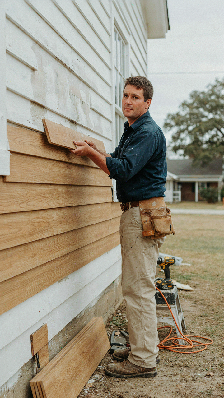 A craftsman installs fiber cement board siding on a farmhouse exterior.