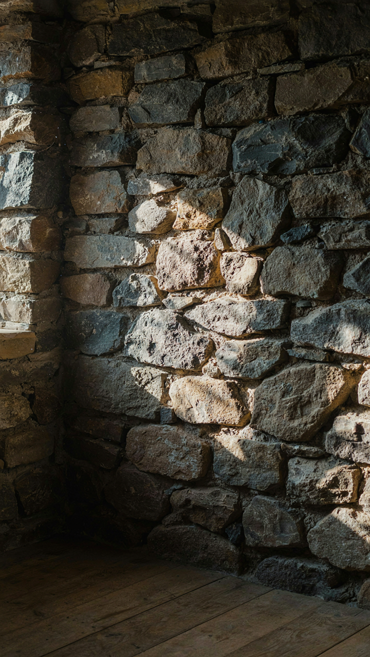 Sunlight warms a thick stone wall inside a scandinavian cottage.
