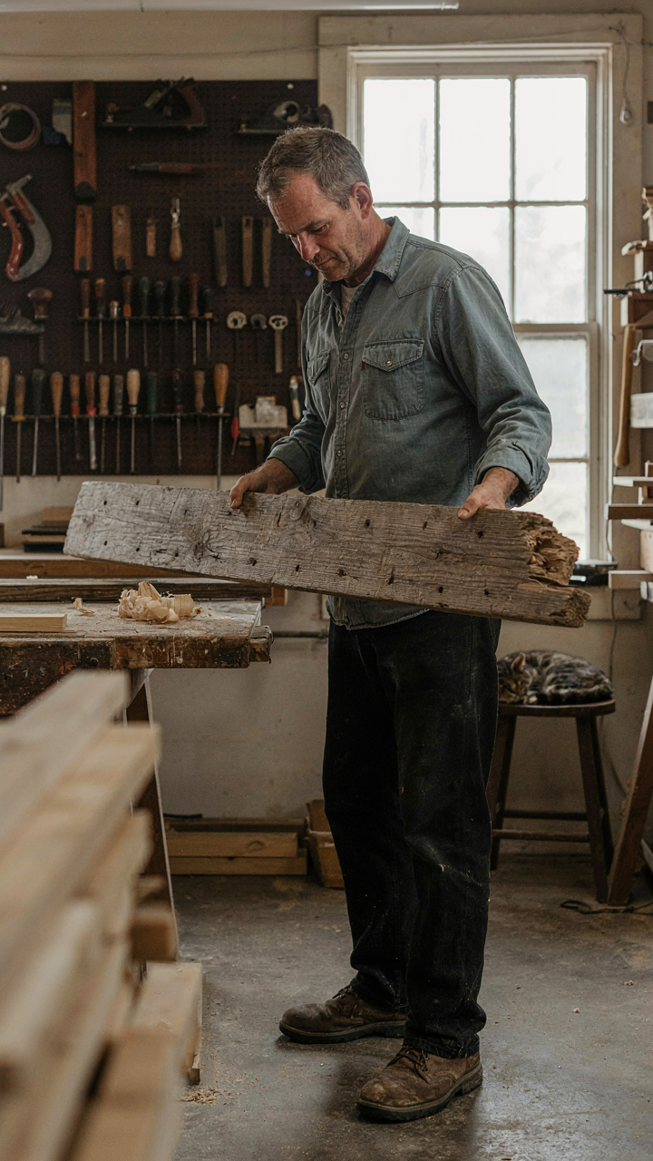 A carpenter inspects reclaimed barn wood with visible nail holes and a weathered finish.