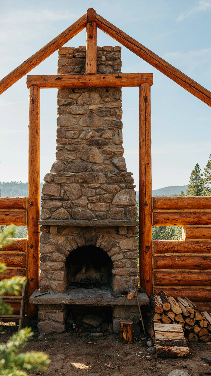 A stone fireplace integrated into the center of a timber cabin structure.
