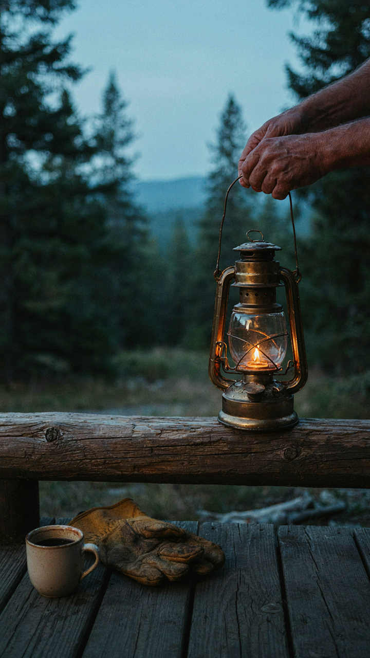Hands place a lit lantern on a rustic wooden railing of a cabin porch.