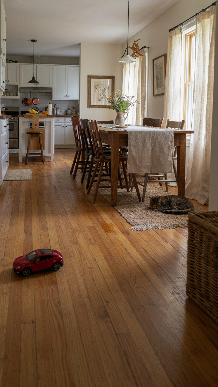 A seamless flow from kitchen to dining room in a farmhouse, with a toy car on the floor.