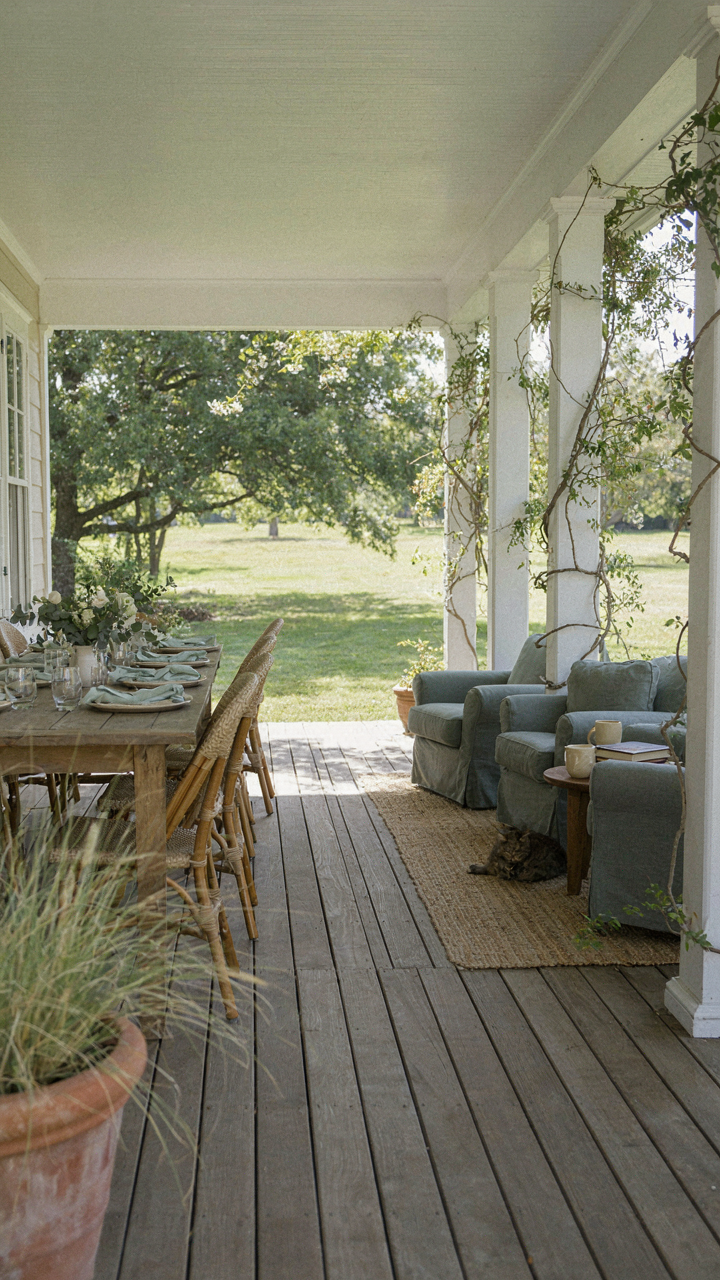 A wraparound porch with distinct dining and seating zones created by furniture.