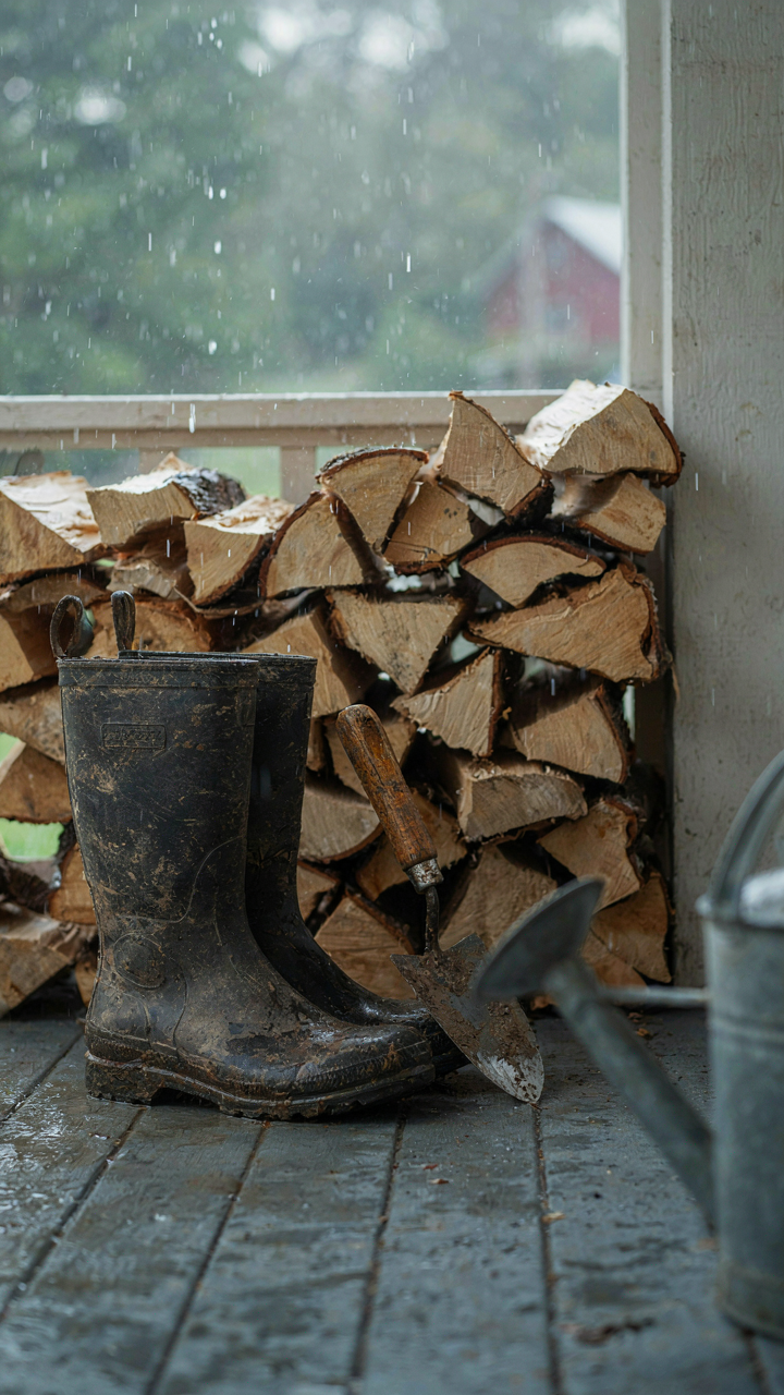 Mud boots and tools sit on a farmhouse porch during a rain shower, ready for use.