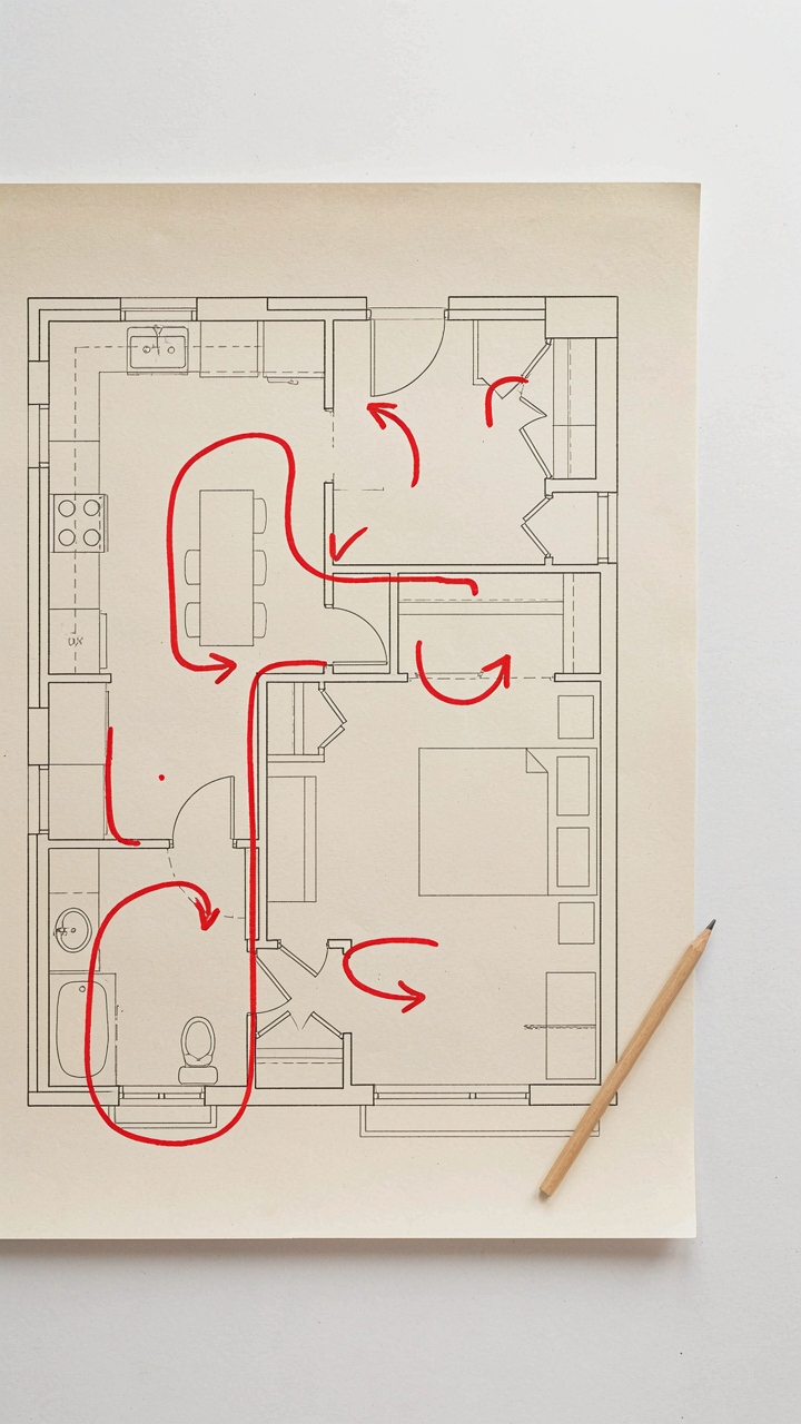 A floor plan shows red lines tracing efficient paths between rooms in a cottage.