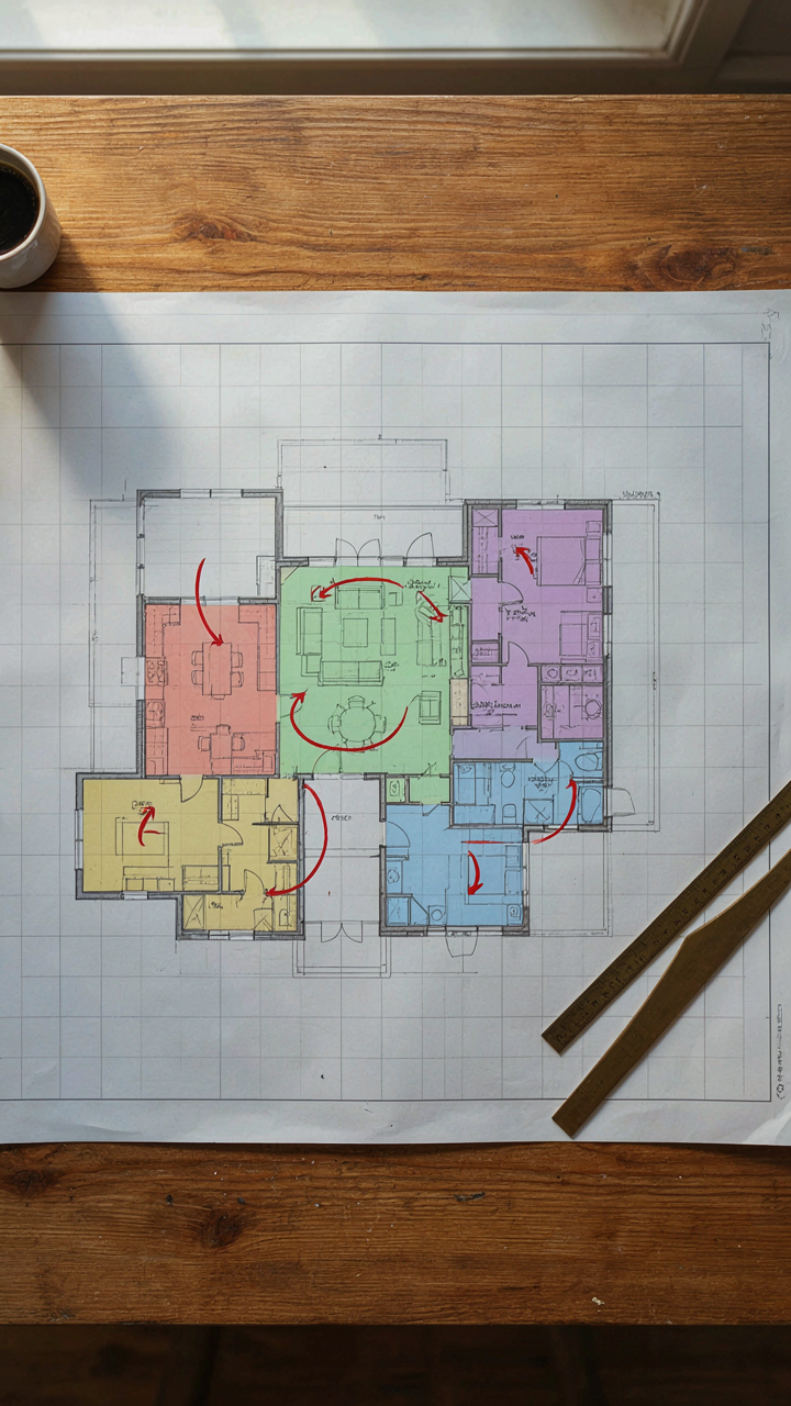 An architectural blueprint with color-coded zones for efficient daily movement in a house.