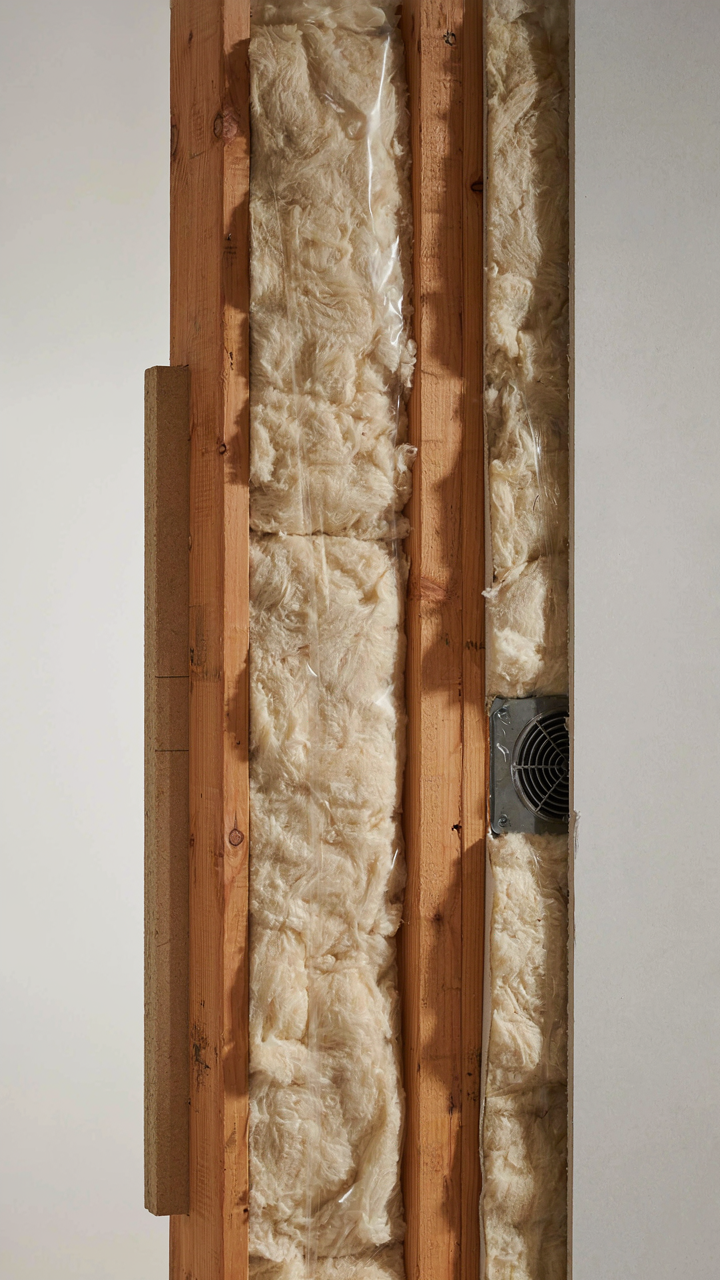 A cutaway view of a cabin wall showing layers of insulation and a ventilator.