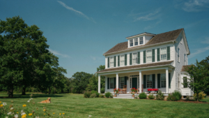 A charming white three bedroom farmhouse with a large porch and green lawn under a blue sky.