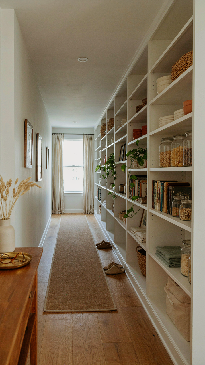 A hallway in a three bedroom farmhouse with floor-to-ceiling built-in shelving.