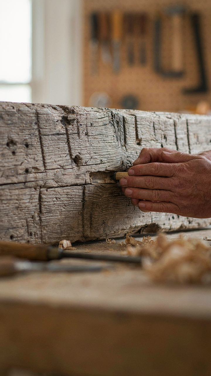 A carpenter's hands fitting a mortise and tenon joint on a timber mantel.