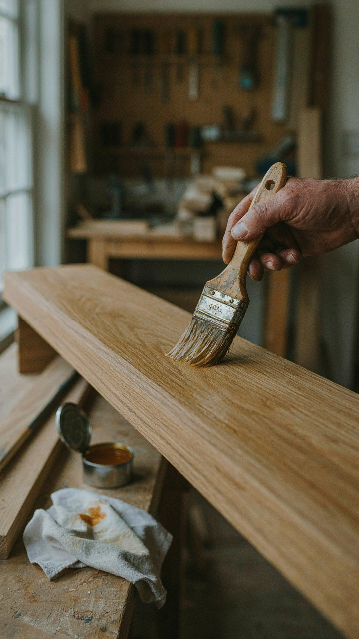 A carpenter applies oil-based polyurethane to an oak timber mantelpiece.