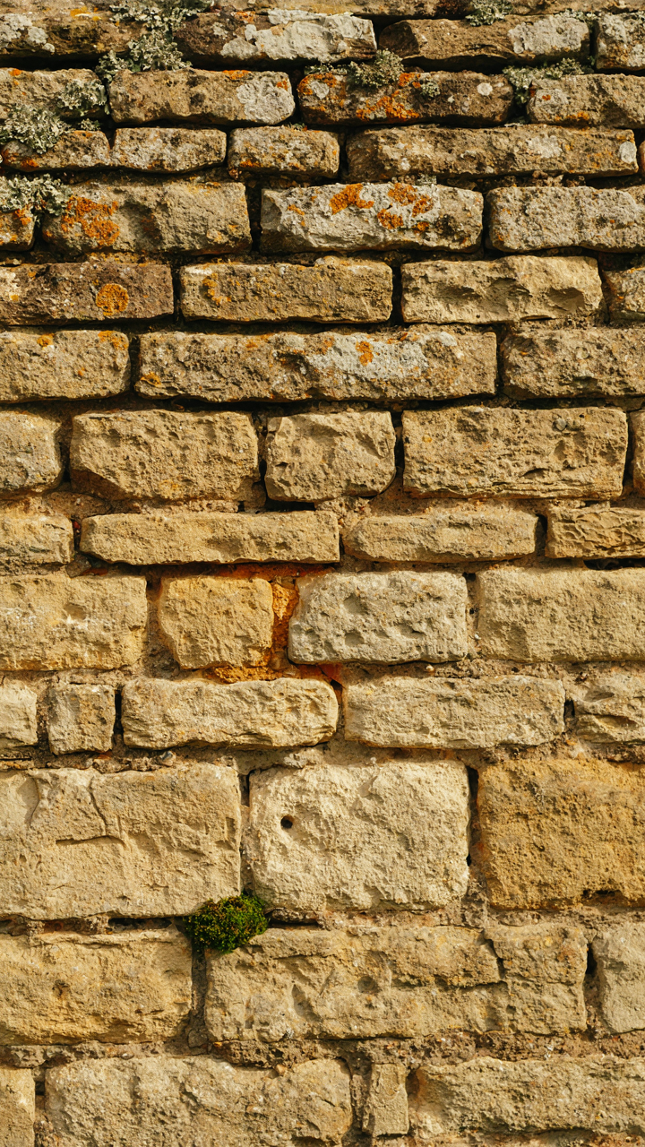 A close up of an old stone wall covered in green lichen.