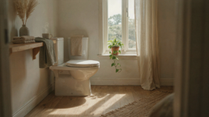 A minimalist tiny cabin bathroom with a wall-mounted toilet and large tiles.