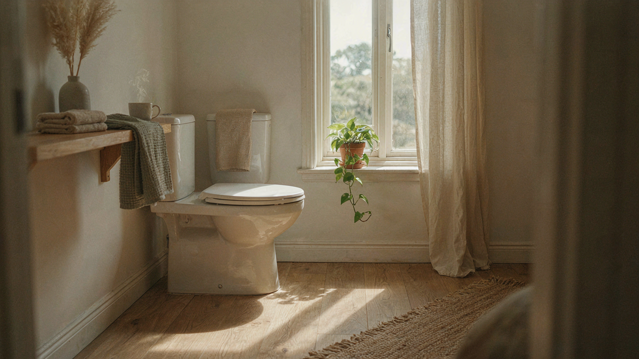 A minimalist tiny cabin bathroom with a wall-mounted toilet and large tiles.