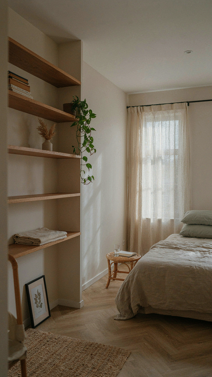 Built-in wooden shelves blend into the wall of a small scandinavian cottage bedroom.