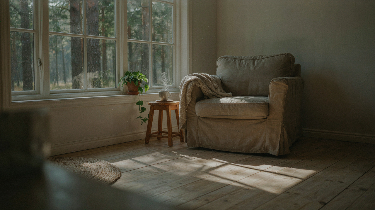 A minimalist tiny cabin interior with a large window and a single armchair.
