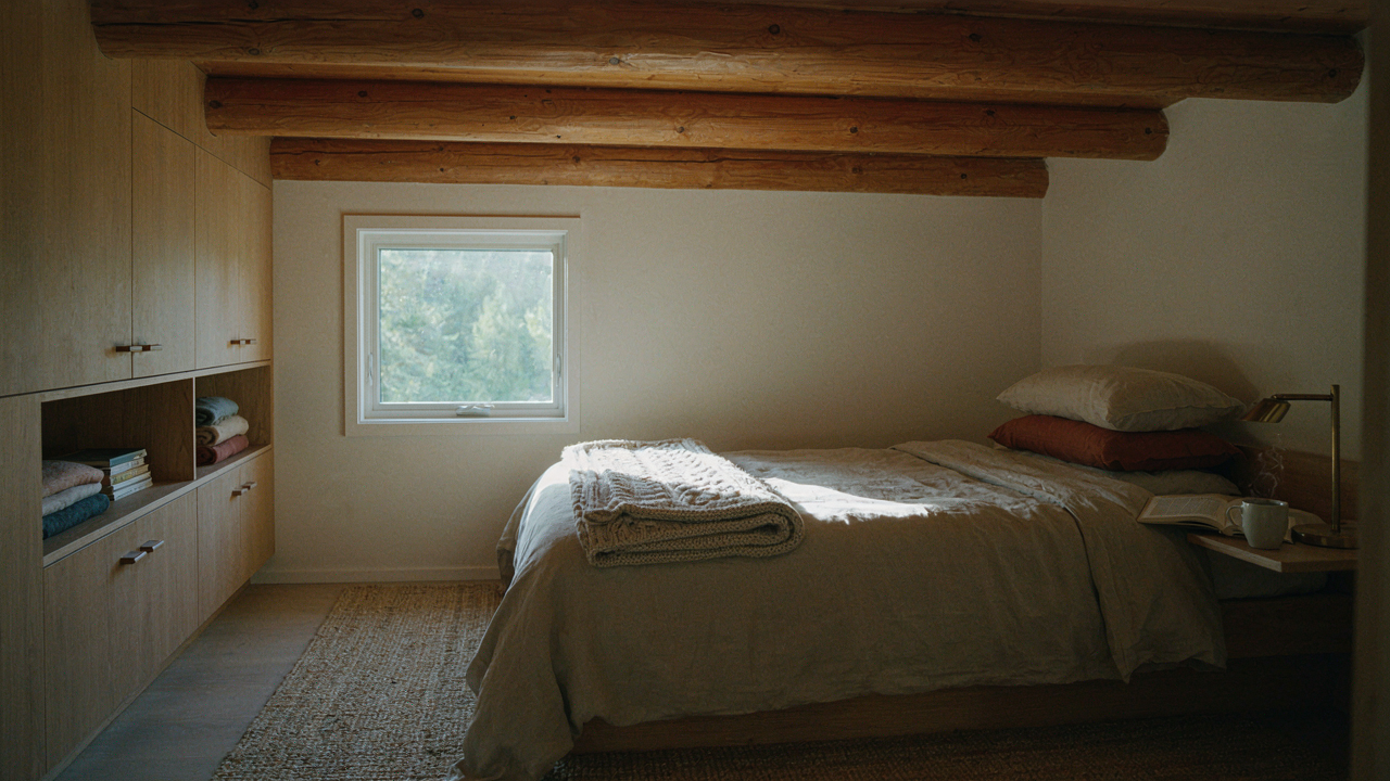 A cozy tiny cabin loft bedroom with minimalist built-in storage and a window overlooking a forest.