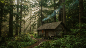 A tiny cabin with a smoking chimney sits peacefully surrounded by tall green trees.
