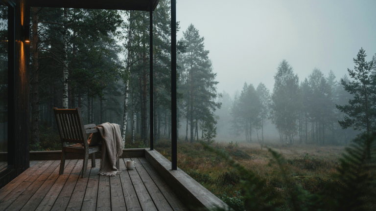 A tranquil tiny cabin porch at dawn, with one chair facing a misty forest view.