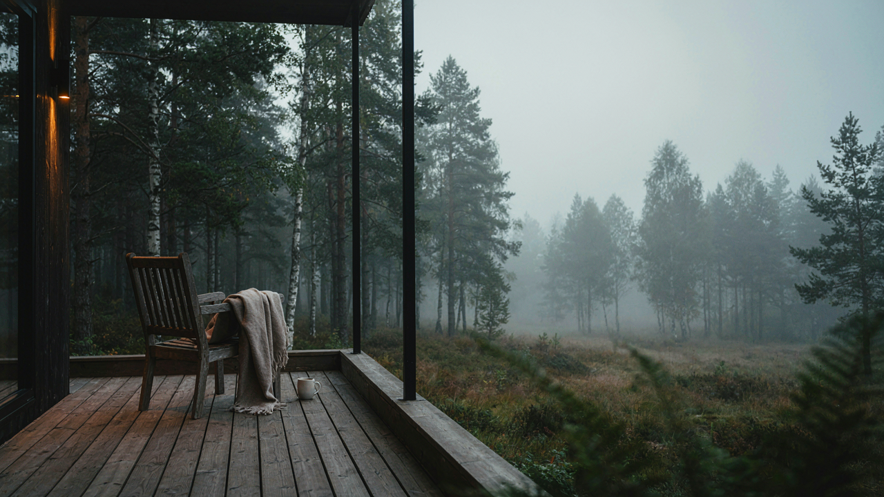 A tranquil tiny cabin porch at dawn, with one chair facing a misty forest view.