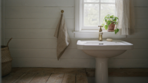 A sunlit tiny cottage bathroom with a white pedestal sink and a soft towel.