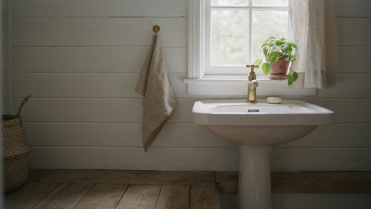 A sunlit tiny cottage bathroom with a white pedestal sink and a soft towel.