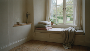 A cozy tiny cottage bedroom with a built-in window seat and a cup of tea.