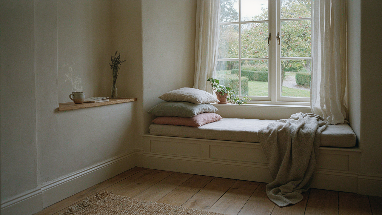 A cozy tiny cottage bedroom with a built-in window seat and a cup of tea.