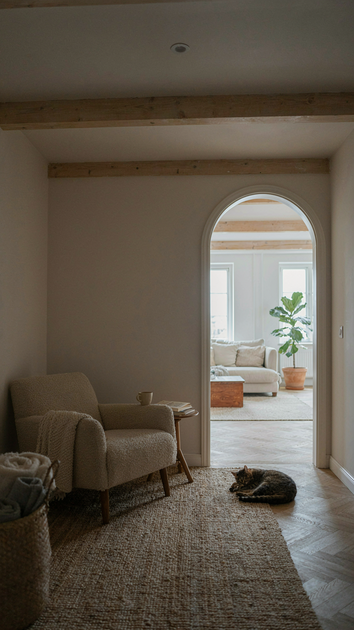 A cozy reading nook with a low ceiling opening to a spacious living area.