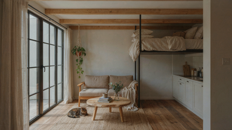 A modern tiny cottage interior features a bright loft bedroom above a compact living area.