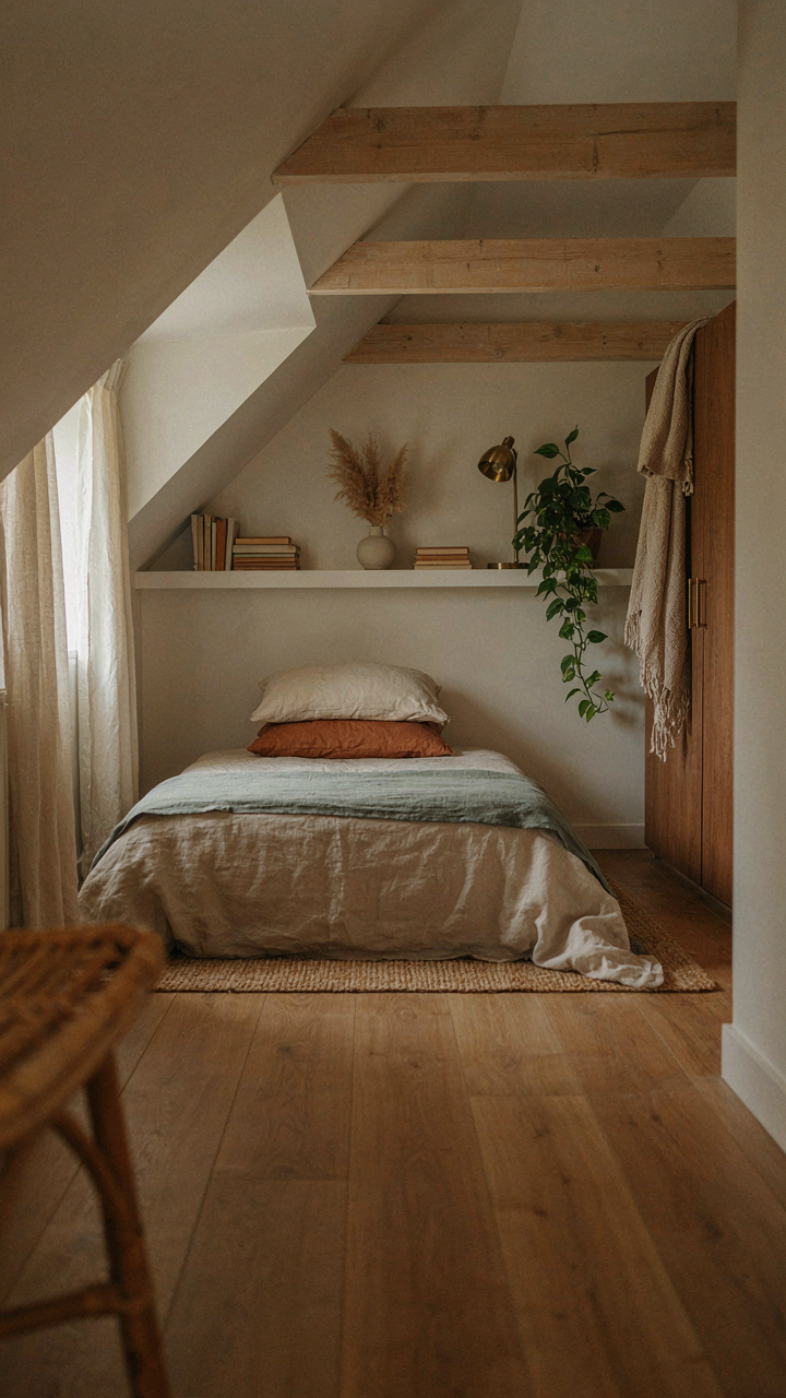Smartly arranged furniture fills the space under a tiny cottage loft, maximizing storage.