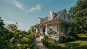 A charming tiny cottage with a large porch, colorful flowers, and green plants.