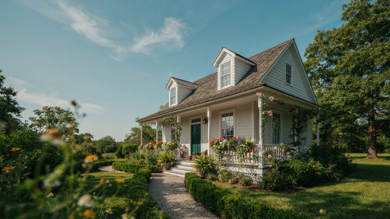 A charming tiny cottage with a large porch, colorful flowers, and green plants.