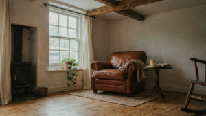 A sunlit living room in a tiny farmhouse interior with rustic decor and comfortable seating.