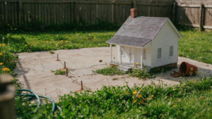 A tiny farmhouse model stands on a cracked, oversized foundation in a field of weeds.