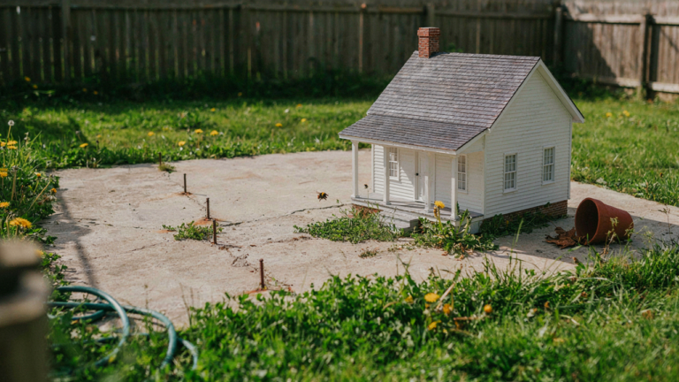 A tiny farmhouse model stands on a cracked, oversized foundation in a field of weeds.
