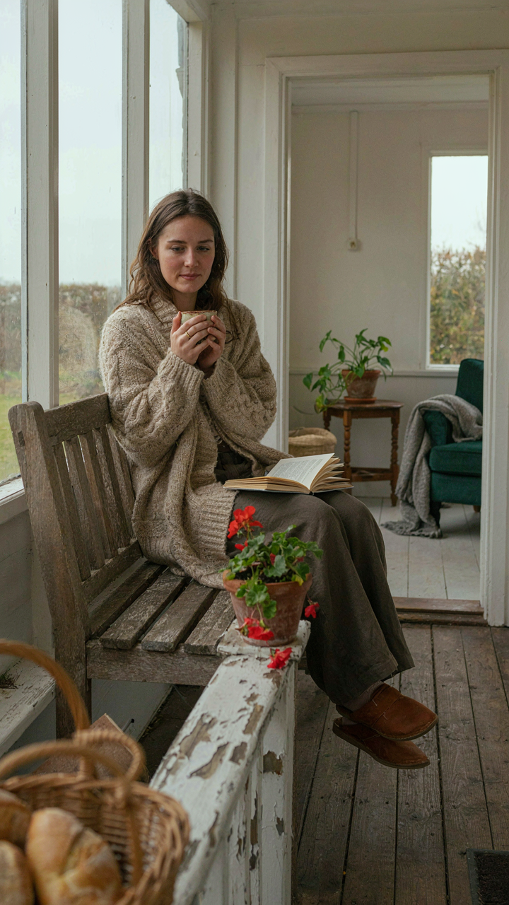 A person enjoys coffee on a spacious small house porch, emphasizing daily use.