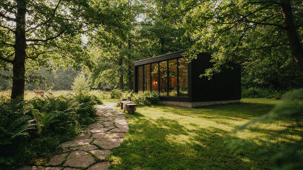 A charming tiny guest house with a stone path surrounded by green trees.