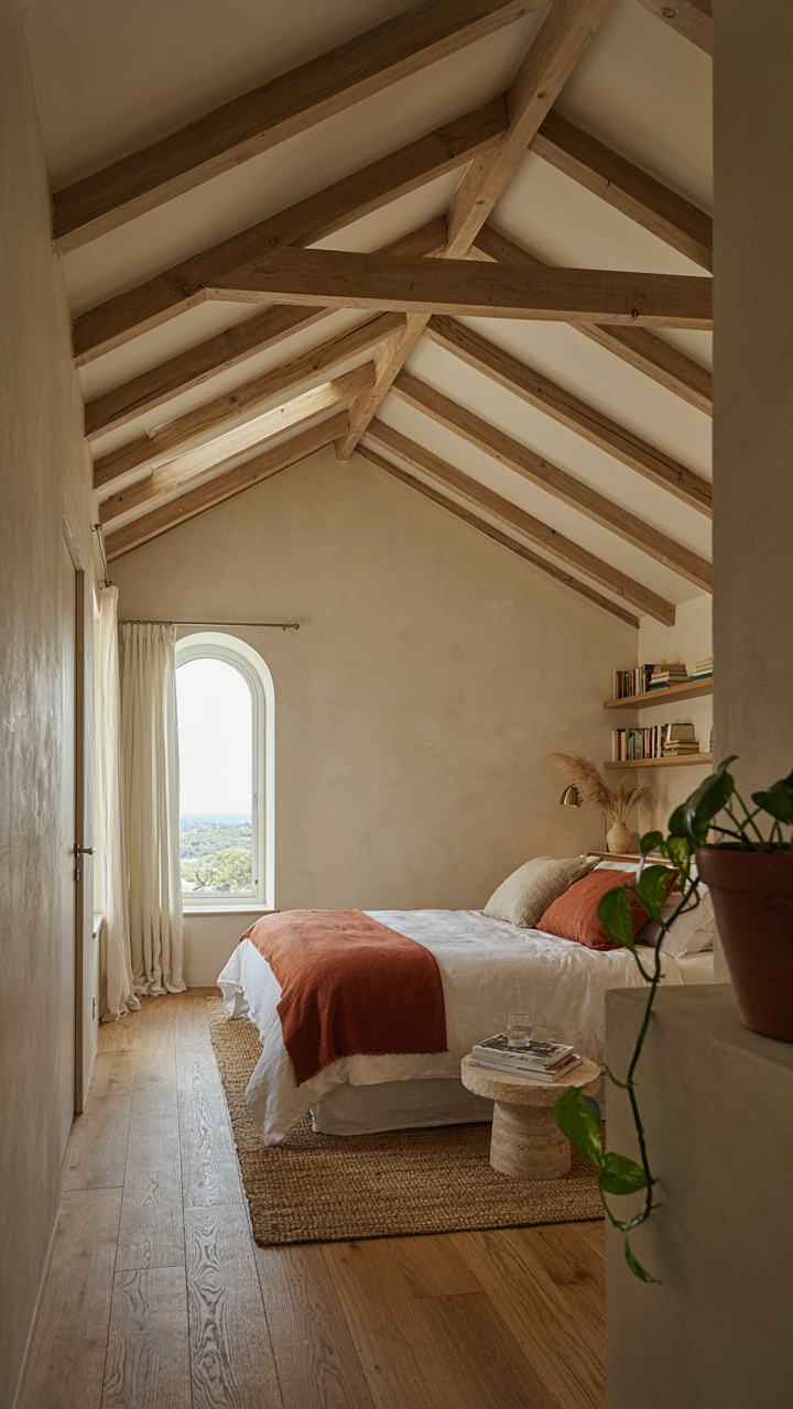 A compact guesthouse interior has high vaulted ceilings and light colored walls.