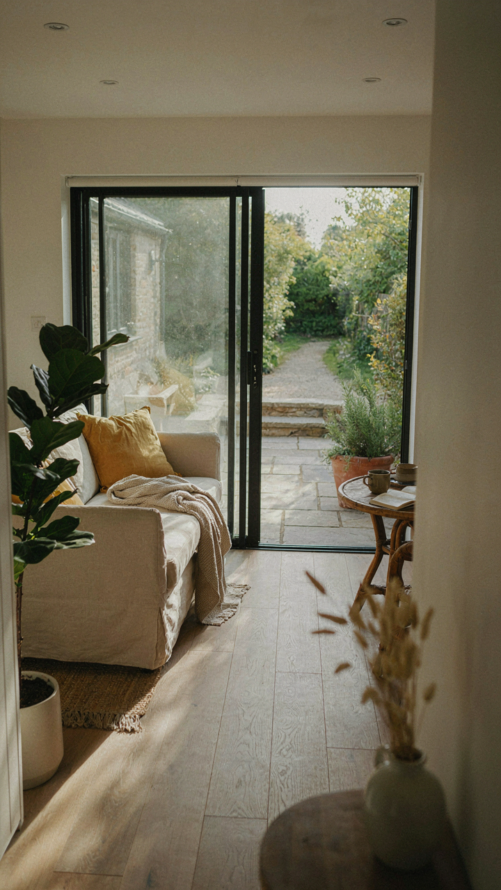 A large glass door opens a mini cottage to an outdoor patio.