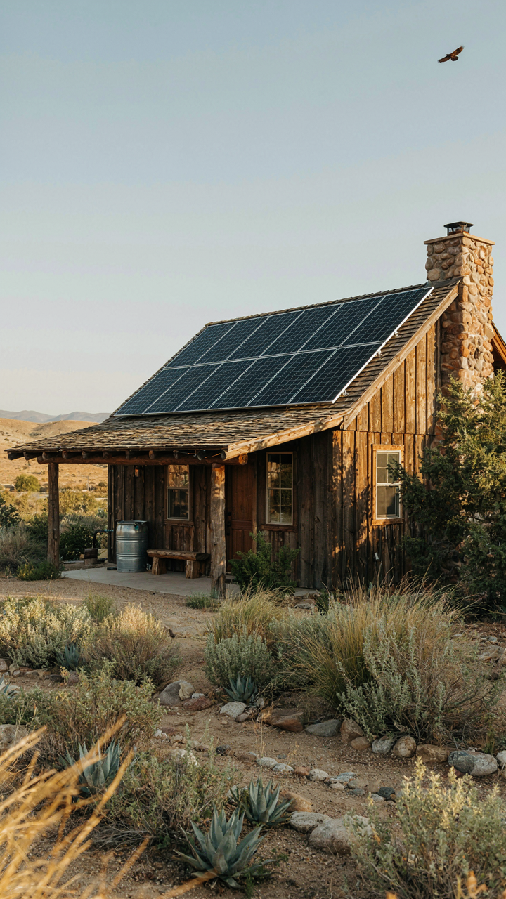 A backyard cabin with solar panels and a rainwater collection barrel.