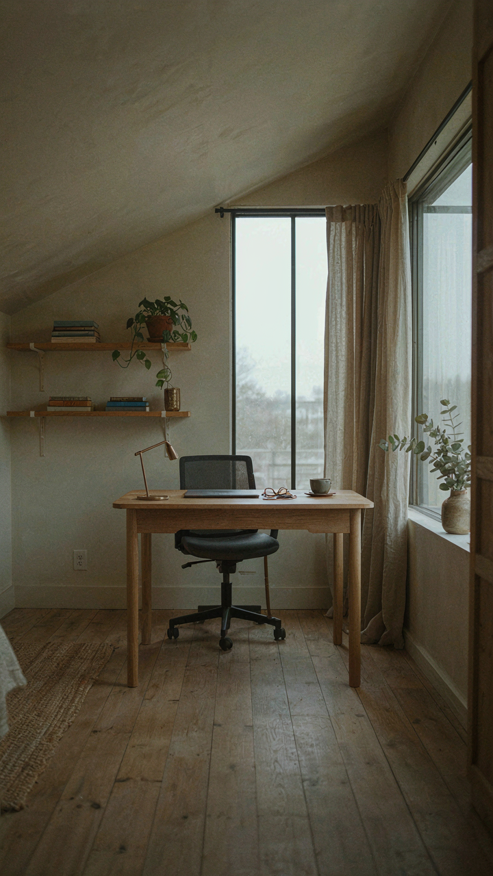 A neat desk and mounted shelves create a focused workspace in a tiny cottage loft.