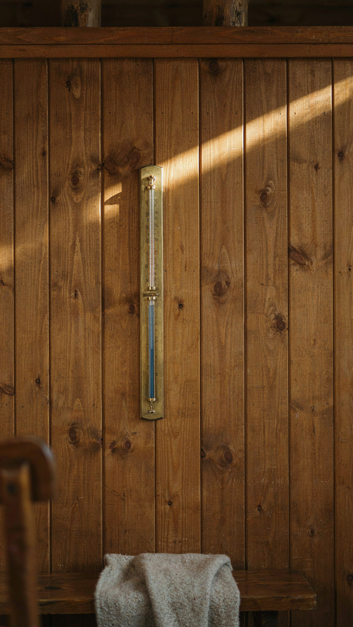 A thermometer shows different temperatures in a small cabin with a loft.