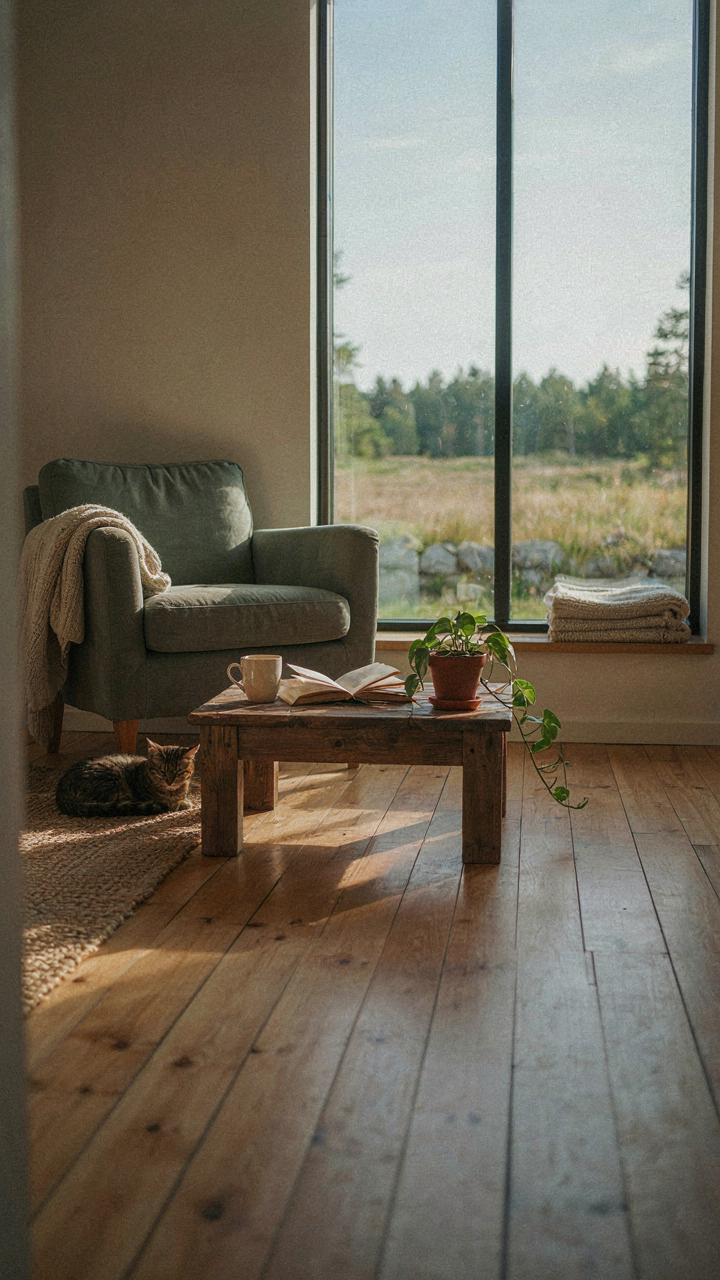 A cabin armchair aligns with a large window framing a natural view.