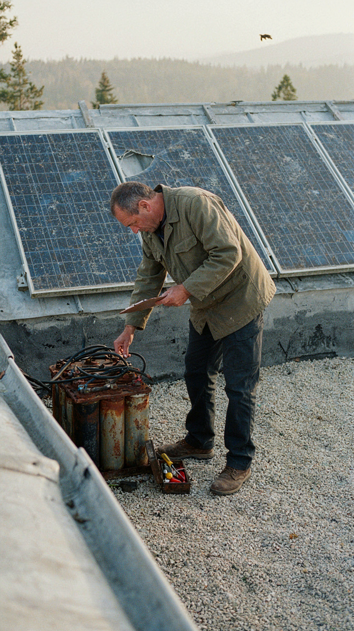 A person inspects a rusty battery bank near a worn solar panel array on a cabin.