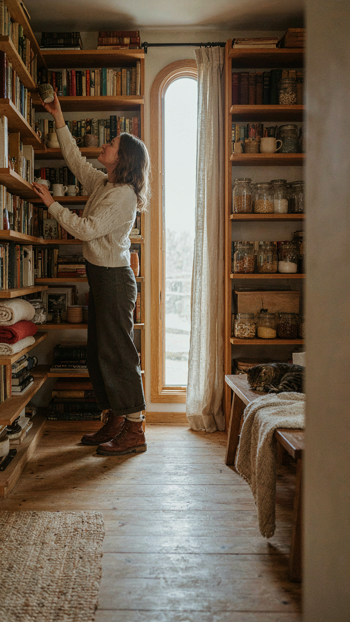 A person uses floor-to-ceiling wall storage in a small cabin to maximize space.