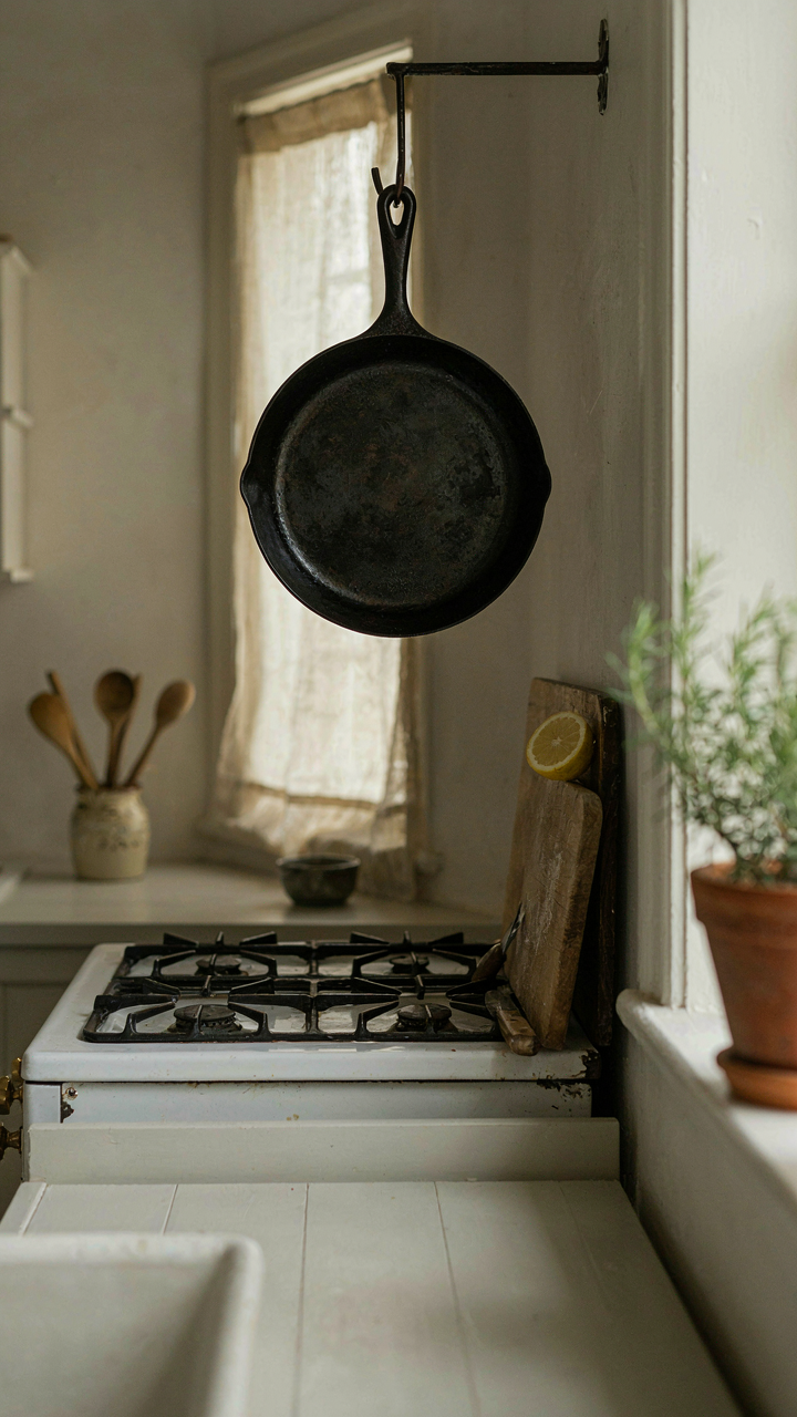 A seasoned cast iron skillet hangs above a simple stove in a farmhouse kitchen.